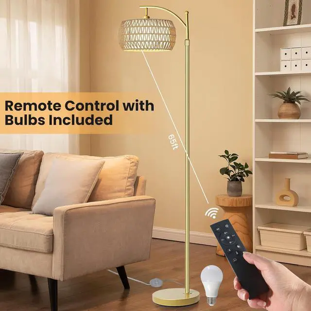 Alt view image 6 of 7 - Arc Floor Lamp for Living Room,Farmhouse Floor Lamps with Remote Control & Dimmable Bulb,Gold Boho Rattan Tall Standing Lamp for Bedroom Office