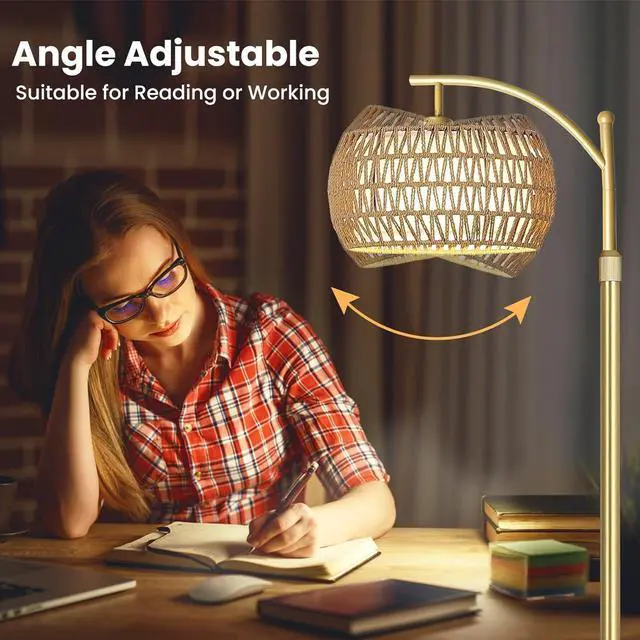Alt view image 4 of 7 - Arc Floor Lamp for Living Room,Farmhouse Floor Lamps with Remote Control & Dimmable Bulb,Gold Boho Rattan Tall Standing Lamp for Bedroom Office