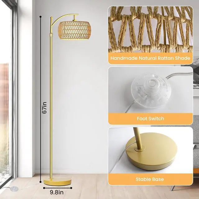 Alt view image 5 of 7 - Arc Floor Lamp for Living Room,Farmhouse Floor Lamps with Remote Control & Dimmable Bulb,Gold Boho Rattan Tall Standing Lamp for Bedroom Office