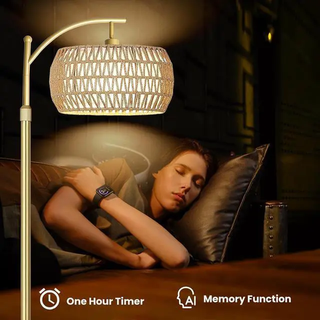 Alt view image 7 of 7 - Arc Floor Lamp for Living Room,Farmhouse Floor Lamps with Remote Control & Dimmable Bulb,Gold Boho Rattan Tall Standing Lamp for Bedroom Office