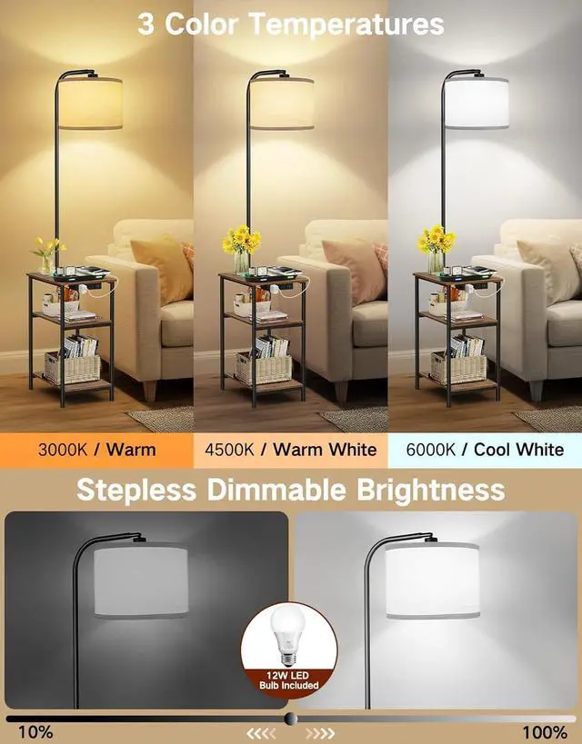 Alt view image 2 of 7 - Floor Lamp with Table & Remote, Side End Table with Charging Station, Dimmable Nightstand with 3 Color Temperatures, 1-Hour Timer, 12W LED Bulb, for Living Room, Bedroom