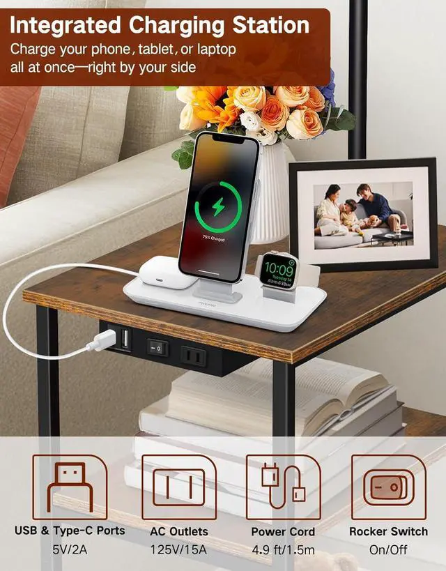 Alt view image 3 of 7 - Floor Lamp with Table & Remote, Side End Table with Charging Station, Dimmable Nightstand with 3 Color Temperatures, 1-Hour Timer, 12W LED Bulb, for Living Room, Bedroom