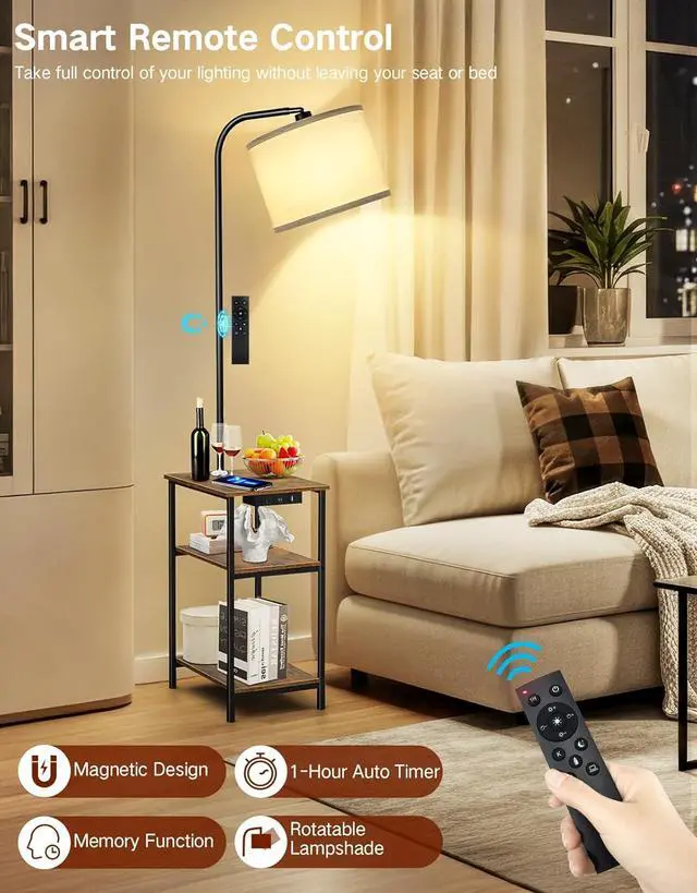 Alt view image 4 of 7 - Floor Lamp with Table & Remote, Side End Table with Charging Station, Dimmable Nightstand with 3 Color Temperatures, 1-Hour Timer, 12W LED Bulb, for Living Room, Bedroom
