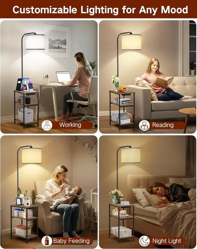 Alt view image 6 of 7 - Floor Lamp with Table & Remote, Side End Table with Charging Station, Dimmable Nightstand with 3 Color Temperatures, 1-Hour Timer, 12W LED Bulb, for Living Room, Bedroom