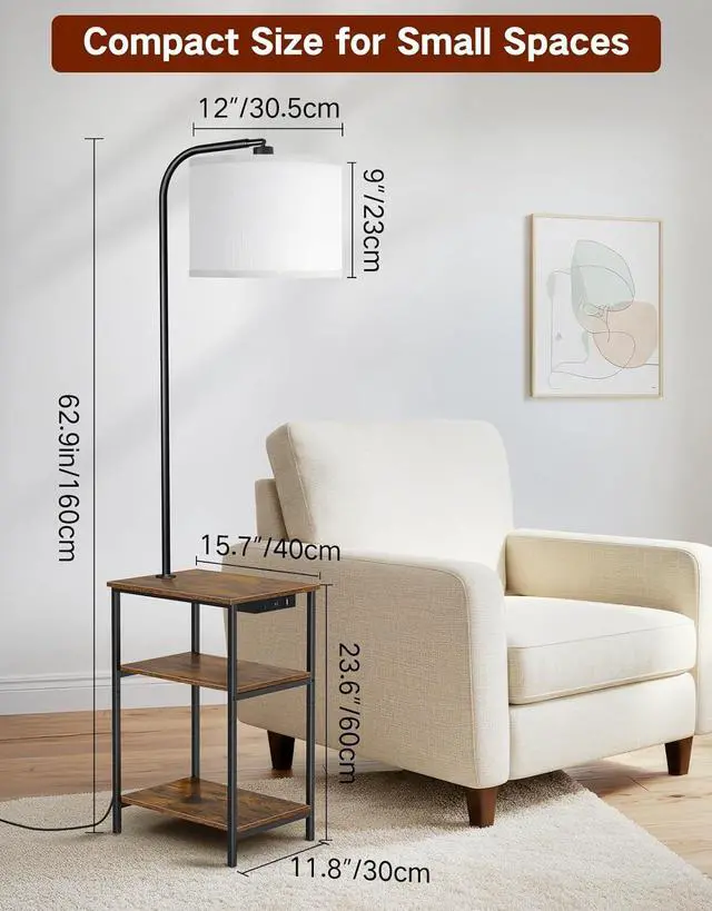 Alt view image 7 of 7 - Floor Lamp with Table & Remote, Side End Table with Charging Station, Dimmable Nightstand with 3 Color Temperatures, 1-Hour Timer, 12W LED Bulb, for Living Room, Bedroom