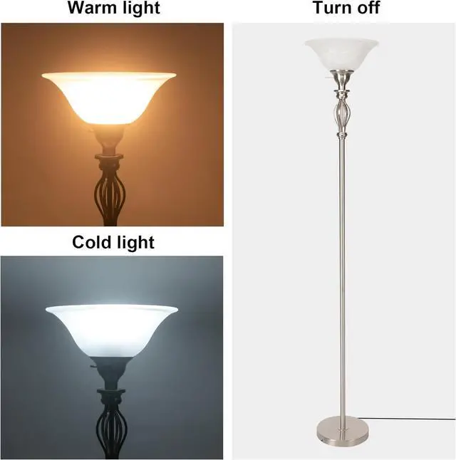 Alt view image 2 of 7 - Torchiere Floor Lamps for Living Room, Standing Lamp with White Alabaster Glass Shade, Corner Floor Lamp Pole Lamp - Elegant Floor Lamp for Bedrooms