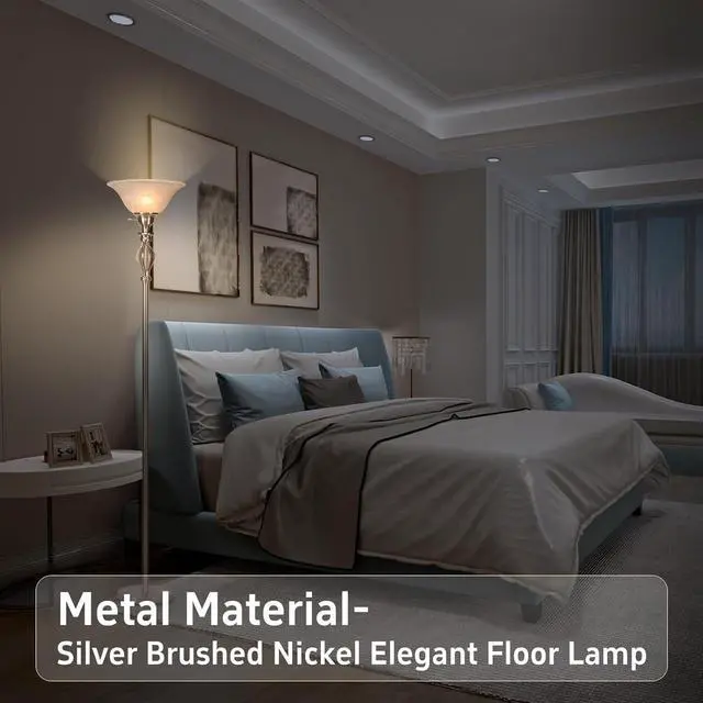 Alt view image 5 of 7 - Torchiere Floor Lamps for Living Room, Standing Lamp with White Alabaster Glass Shade, Corner Floor Lamp Pole Lamp - Elegant Floor Lamp for Bedrooms