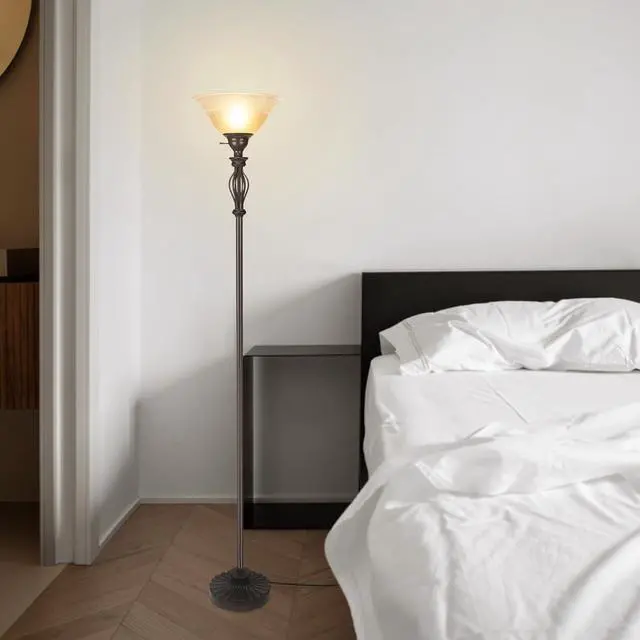 Alt view image 7 of 7 - Torchiere Floor Lamps for Living Room, Standing Lamp with White Alabaster Glass Shade, Corner Floor Lamp Pole Lamp - Elegant Floor Lamp for Bedrooms