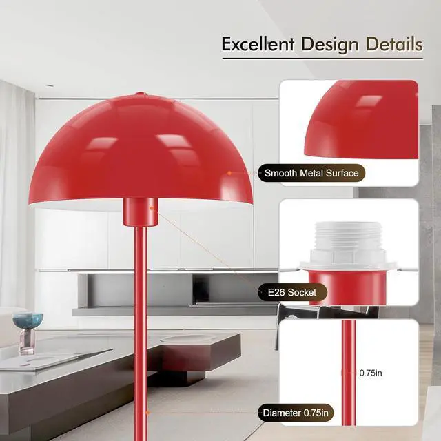 Alt view image 2 of 7 - Floor Lamp, Industrial Red Floor Lamps for Living Room, 65.6in Standing Lamp, Retro Mushroom Dome Shade, Whole Metal, E26 Socket, Mid Century Modern Floor Lamp for Bedroom/Office,No Bulb