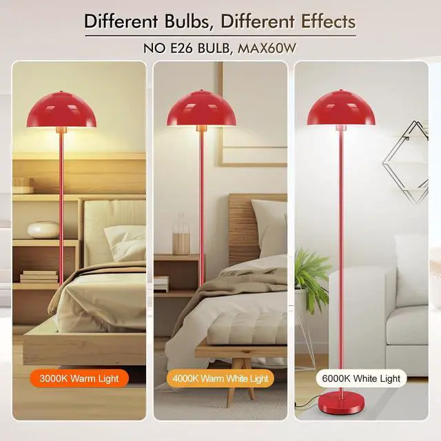 Alt view image 4 of 7 - Floor Lamp, Industrial Red Floor Lamps for Living Room, 65.6in Standing Lamp, Retro Mushroom Dome Shade, Whole Metal, E26 Socket, Mid Century Modern Floor Lamp for Bedroom/Office,No Bulb