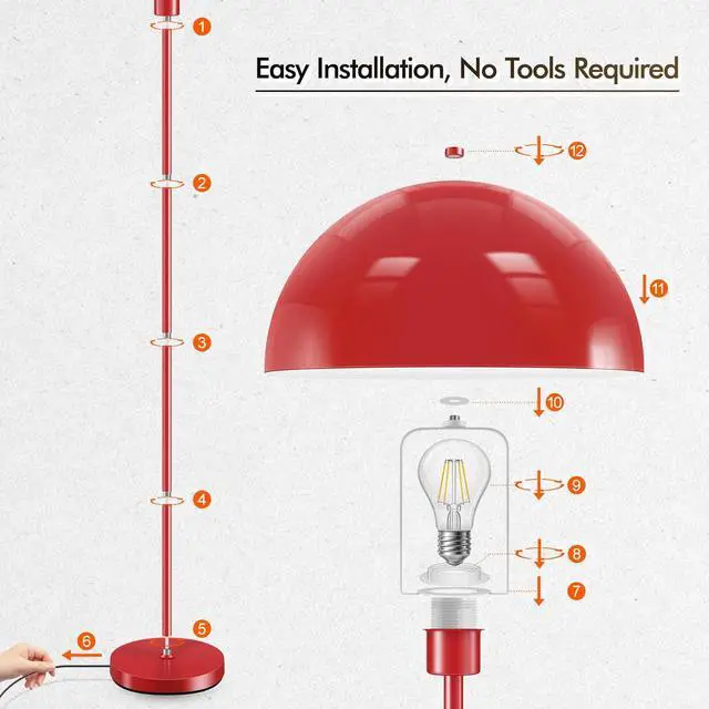 Alt view image 6 of 7 - Floor Lamp, Industrial Red Floor Lamps for Living Room, 65.6in Standing Lamp, Retro Mushroom Dome Shade, Whole Metal, E26 Socket, Mid Century Modern Floor Lamp for Bedroom/Office,No Bulb