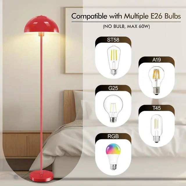 Alt view image 7 of 7 - Floor Lamp, Industrial Red Floor Lamps for Living Room, 65.6in Standing Lamp, Retro Mushroom Dome Shade, Whole Metal, E26 Socket, Mid Century Modern Floor Lamp for Bedroom/Office,No Bulb