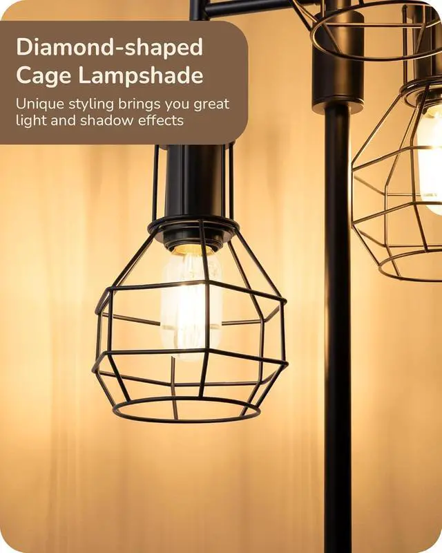 Alt view image 3 of 7 - EDISHINE Dimmable Farmhouse Floor Lamp, Industrial Standing Lamp for Living Room, 3 LED Edison Bulbs Included, Black Corner Rustic Tall Tree Reading Lamps Home Decor for Bedroom, Office