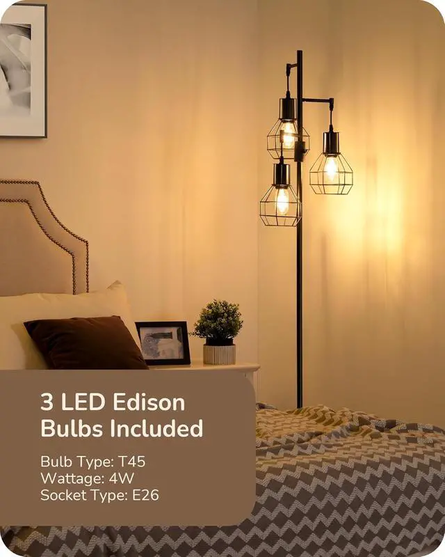 Alt view image 5 of 7 - EDISHINE Dimmable Farmhouse Floor Lamp, Industrial Standing Lamp for Living Room, 3 LED Edison Bulbs Included, Black Corner Rustic Tall Tree Reading Lamps Home Decor for Bedroom, Office