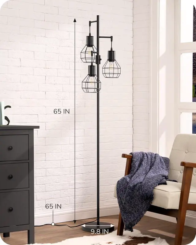 Alt view image 6 of 7 - EDISHINE Dimmable Farmhouse Floor Lamp, Industrial Standing Lamp for Living Room, 3 LED Edison Bulbs Included, Black Corner Rustic Tall Tree Reading Lamps Home Decor for Bedroom, Office