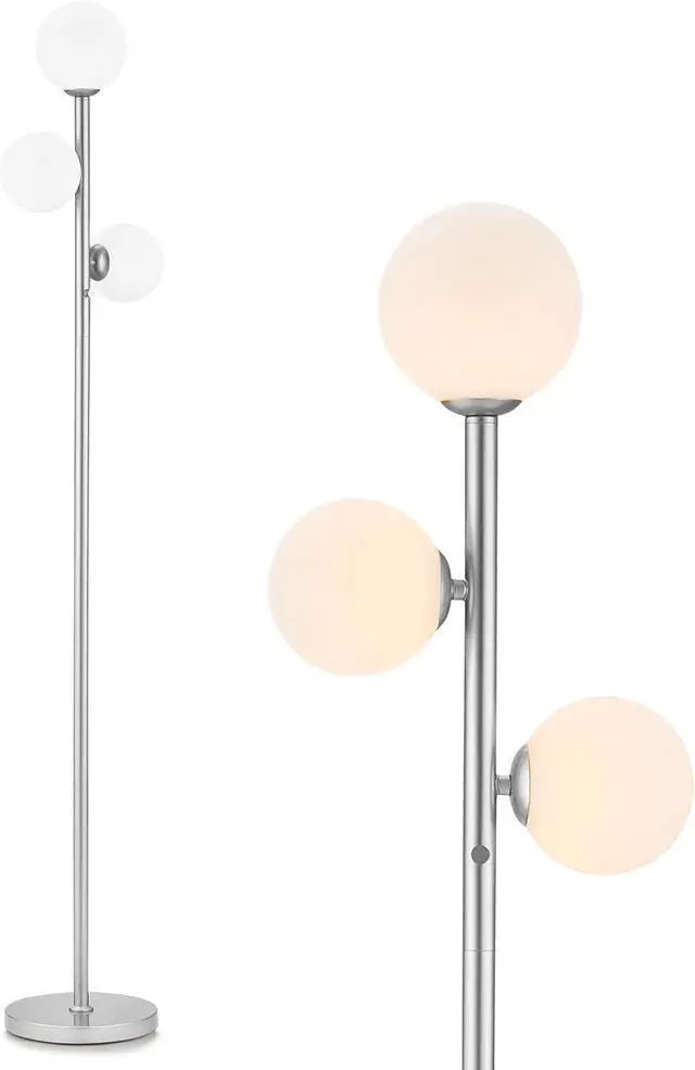 Alt view image 2 of 7 - VONLUCE Mid Century Modern Floor Lamp 65", 3 Globe Lights Standing Lamp with LED Bulbs & Frosted Shades, Contemporary Dimmable Tall Pole Lamp for Living Room Bedroom Office, Nickel