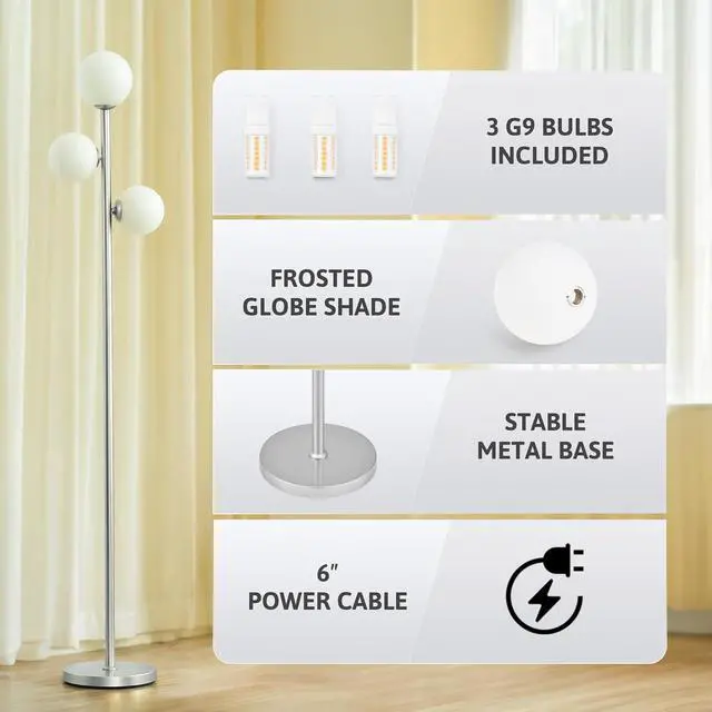 Alt view image 3 of 7 - VONLUCE Mid Century Modern Floor Lamp 65", 3 Globe Lights Standing Lamp with LED Bulbs & Frosted Shades, Contemporary Dimmable Tall Pole Lamp for Living Room Bedroom Office, Nickel