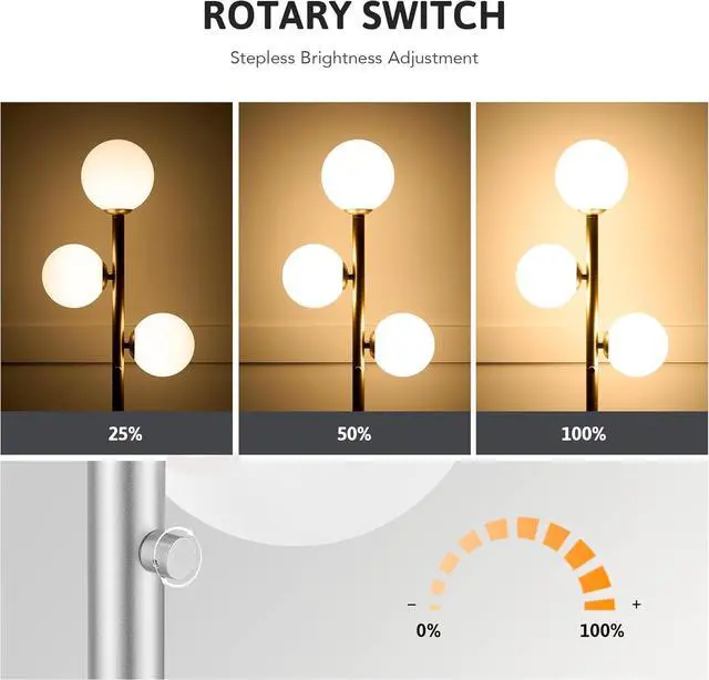 Alt view image 4 of 7 - VONLUCE Mid Century Modern Floor Lamp 65", 3 Globe Lights Standing Lamp with LED Bulbs & Frosted Shades, Contemporary Dimmable Tall Pole Lamp for Living Room Bedroom Office, Nickel