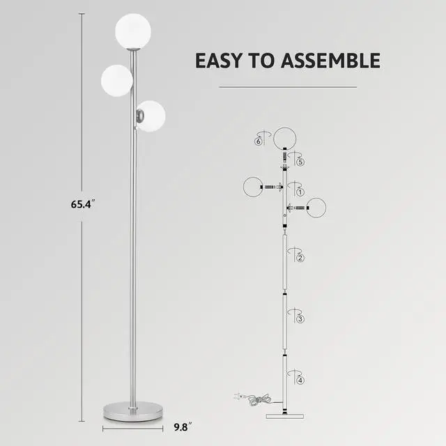 Alt view image 5 of 7 - VONLUCE Mid Century Modern Floor Lamp 65", 3 Globe Lights Standing Lamp with LED Bulbs & Frosted Shades, Contemporary Dimmable Tall Pole Lamp for Living Room Bedroom Office, Nickel