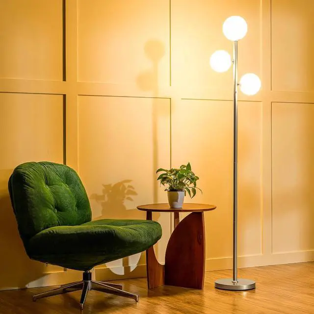 Alt view image 6 of 7 - VONLUCE Mid Century Modern Floor Lamp 65", 3 Globe Lights Standing Lamp with LED Bulbs & Frosted Shades, Contemporary Dimmable Tall Pole Lamp for Living Room Bedroom Office, Nickel