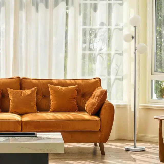 Alt view image 7 of 7 - VONLUCE Mid Century Modern Floor Lamp 65", 3 Globe Lights Standing Lamp with LED Bulbs & Frosted Shades, Contemporary Dimmable Tall Pole Lamp for Living Room Bedroom Office, Nickel