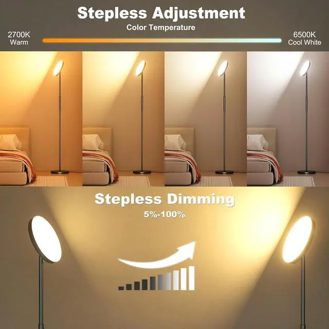 Alt view image 2 of 7 - RGB Torchiere Floor Lamps for Living Room, 3600LM 36W Bright LED Standing Lamp with Remote, Modern Color Changing Tall Lamp with Stepless Dimming, 69" Corner Floor Lamp for Bedroom, Office