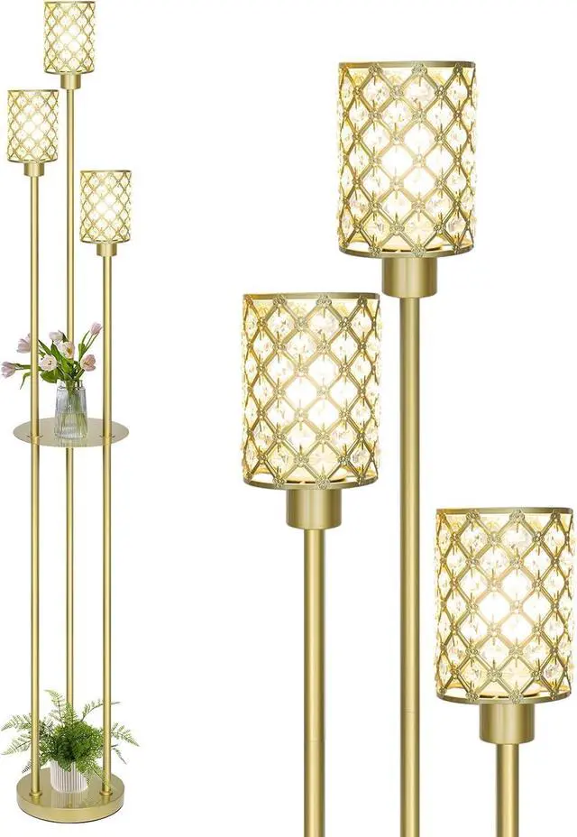 Main image of Gold Floor Lamps for Living Room, Standing Floor Lamp with Shelves, Tall Lamp with Table, Modern Mid Century Floor Lamp with E26 Base, Coner Crystal Floor Light for Bedroom (Without Bulb)