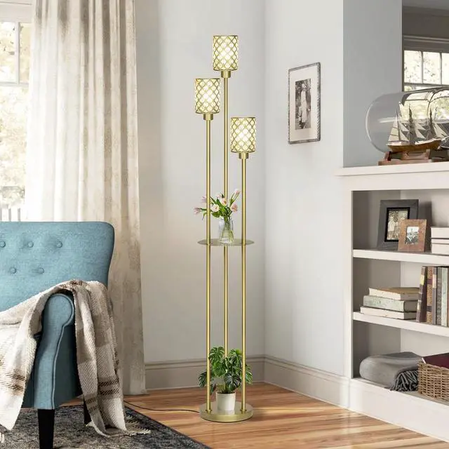 Alt view image 2 of 6 - Gold Floor Lamps for Living Room, Standing Floor Lamp with Shelves, Tall Lamp with Table, Modern Mid Century Floor Lamp with E26 Base, Coner Crystal Floor Light for Bedroom (Without Bulb)