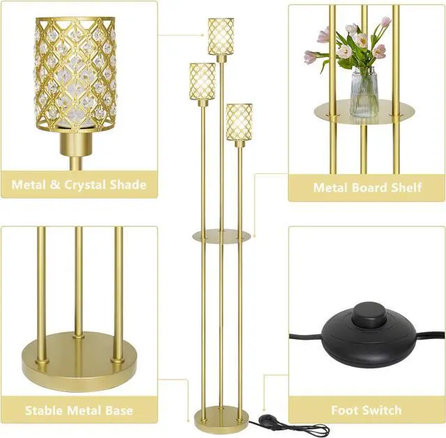 Alt view image 3 of 6 - Gold Floor Lamps for Living Room, Standing Floor Lamp with Shelves, Tall Lamp with Table, Modern Mid Century Floor Lamp with E26 Base, Coner Crystal Floor Light for Bedroom (Without Bulb)