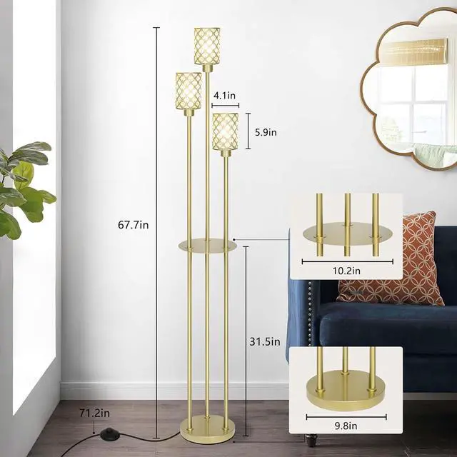 Alt view image 4 of 6 - Gold Floor Lamps for Living Room, Standing Floor Lamp with Shelves, Tall Lamp with Table, Modern Mid Century Floor Lamp with E26 Base, Coner Crystal Floor Light for Bedroom (Without Bulb)