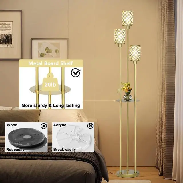 Alt view image 5 of 6 - Gold Floor Lamps for Living Room, Standing Floor Lamp with Shelves, Tall Lamp with Table, Modern Mid Century Floor Lamp with E26 Base, Coner Crystal Floor Light for Bedroom (Without Bulb)