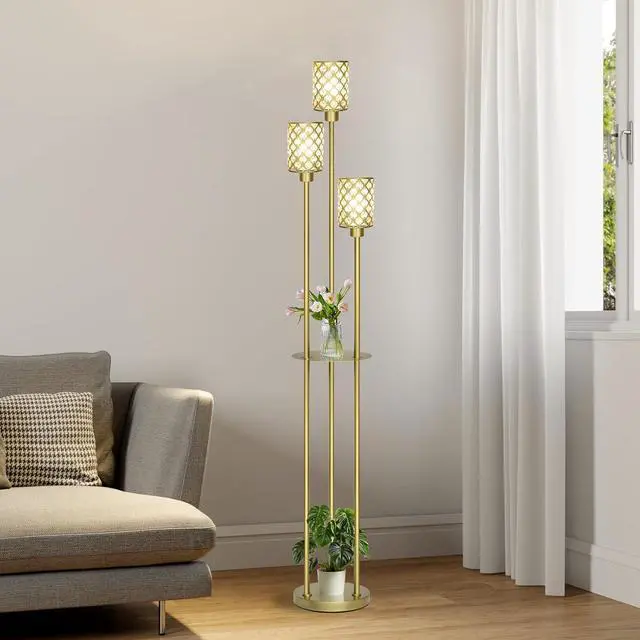 Alt view image 6 of 6 - Gold Floor Lamps for Living Room, Standing Floor Lamp with Shelves, Tall Lamp with Table, Modern Mid Century Floor Lamp with E26 Base, Coner Crystal Floor Light for Bedroom (Without Bulb)