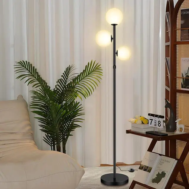 Main image of 67" Mid Century Floor Lamps for Living Room, 3 Globe Floor Lamp with Frosted Glass Shades, Adjustable Height Standing Lamp with Foot Switch, Tall Lamps for Bedroom Office, G9 Bulbs Included, Black