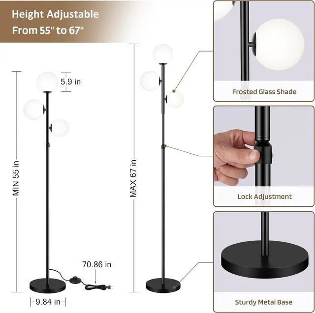 Alt view image 2 of 6 - 67" Mid Century Floor Lamps for Living Room, 3 Globe Floor Lamp with Frosted Glass Shades, Adjustable Height Standing Lamp with Foot Switch, Tall Lamps for Bedroom Office, G9 Bulbs Included, Black
