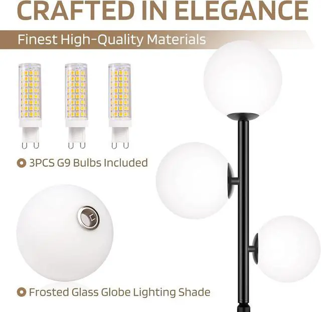 Alt view image 3 of 6 - 67" Mid Century Floor Lamps for Living Room, 3 Globe Floor Lamp with Frosted Glass Shades, Adjustable Height Standing Lamp with Foot Switch, Tall Lamps for Bedroom Office, G9 Bulbs Included, Black