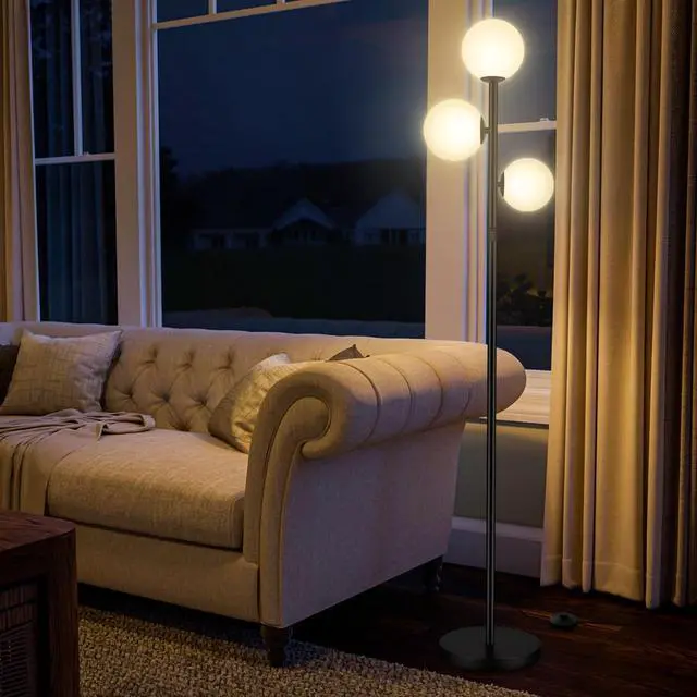 Alt view image 5 of 6 - 67" Mid Century Floor Lamps for Living Room, 3 Globe Floor Lamp with Frosted Glass Shades, Adjustable Height Standing Lamp with Foot Switch, Tall Lamps for Bedroom Office, G9 Bulbs Included, Black