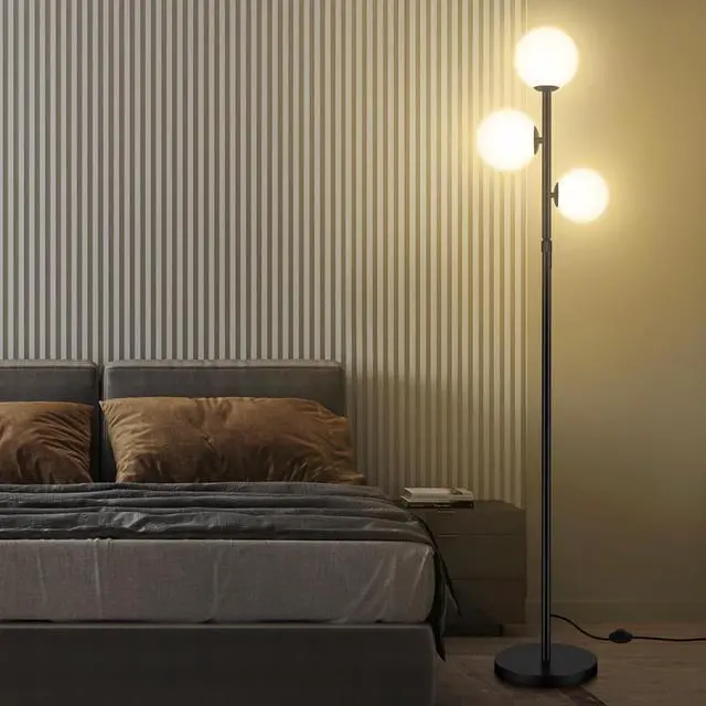 Alt view image 6 of 6 - 67" Mid Century Floor Lamps for Living Room, 3 Globe Floor Lamp with Frosted Glass Shades, Adjustable Height Standing Lamp with Foot Switch, Tall Lamps for Bedroom Office, G9 Bulbs Included, Black