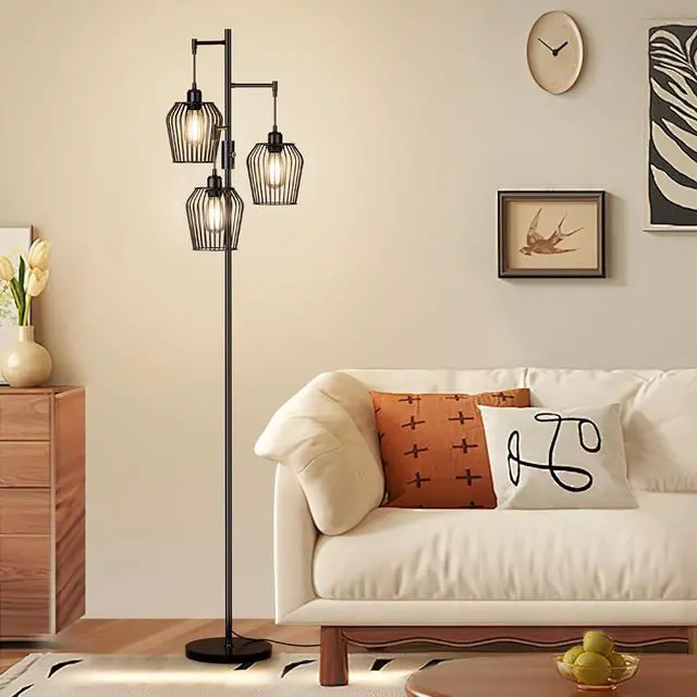 Main image of Dimmable Floor Lamp, Farmhouse Industrial Floor Lamp with Elegant Cage & 3 x 1000LM LED Bulbs, Tall Standing Lamp Black Tree Floor Lamps for Living Room Bedroom Office