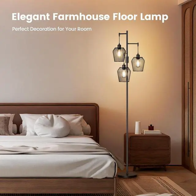 Alt view image 2 of 7 - Dimmable Floor Lamp, Farmhouse Industrial Floor Lamp with Elegant Cage & 3 x 1000LM LED Bulbs, Tall Standing Lamp Black Tree Floor Lamps for Living Room Bedroom Office