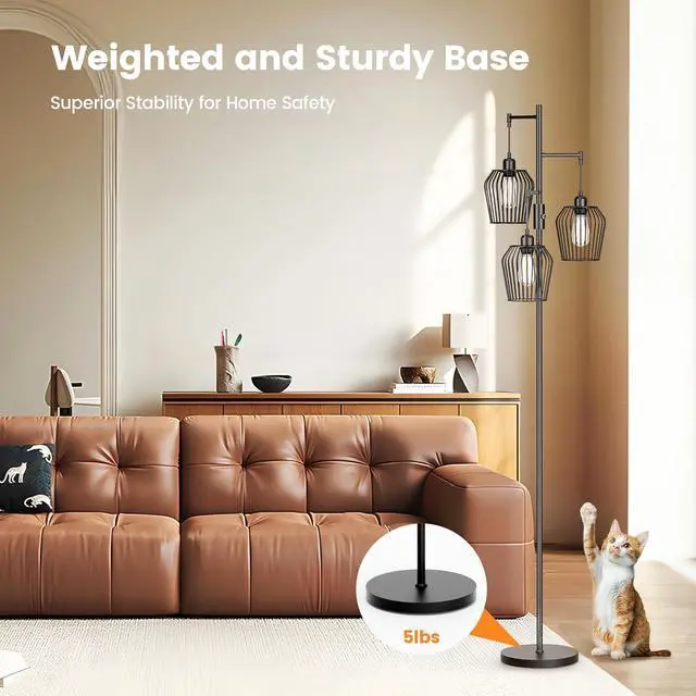 Alt view image 3 of 7 - Dimmable Floor Lamp, Farmhouse Industrial Floor Lamp with Elegant Cage & 3 x 1000LM LED Bulbs, Tall Standing Lamp Black Tree Floor Lamps for Living Room Bedroom Office