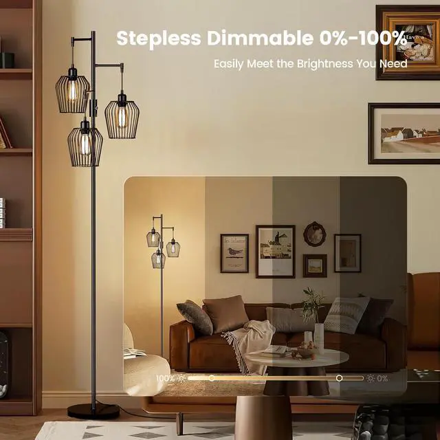 Alt view image 4 of 7 - Dimmable Floor Lamp, Farmhouse Industrial Floor Lamp with Elegant Cage & 3 x 1000LM LED Bulbs, Tall Standing Lamp Black Tree Floor Lamps for Living Room Bedroom Office