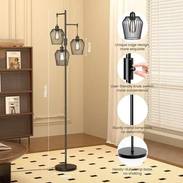 Alt view image 6 of 7 - Dimmable Floor Lamp, Farmhouse Industrial Floor Lamp with Elegant Cage & 3 x 1000LM LED Bulbs, Tall Standing Lamp Black Tree Floor Lamps for Living Room Bedroom Office