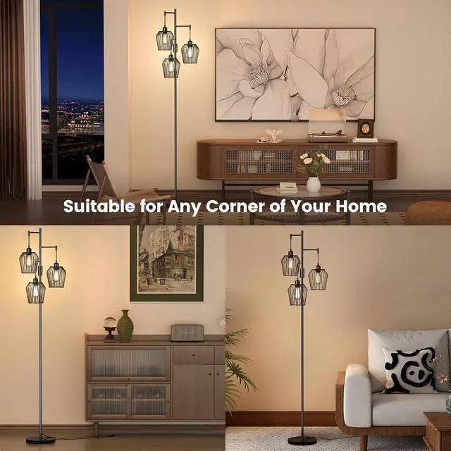 Alt view image 7 of 7 - Dimmable Floor Lamp, Farmhouse Industrial Floor Lamp with Elegant Cage & 3 x 1000LM LED Bulbs, Tall Standing Lamp Black Tree Floor Lamps for Living Room Bedroom Office