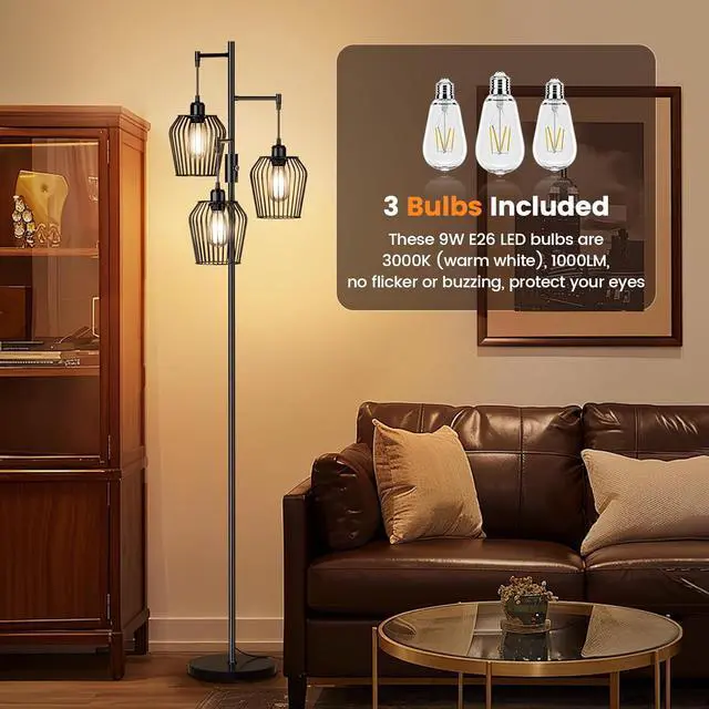 Alt view image 5 of 7 - Dimmable Floor Lamp, Farmhouse Industrial Floor Lamp with Elegant Cage & 3 x 1000LM LED Bulbs, Tall Standing Lamp Black Tree Floor Lamps for Living Room Bedroom Office