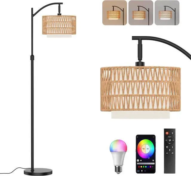 Main image of Boho Floor Lamp - Arched Floor Lamps for Living Room, Farmhouse Floor Lamp with 3 Color Temperature Black Standing Lamp with Rattan & Fabric Double Shade Bohemian Rattan Floor Lamps for Bedroom Office