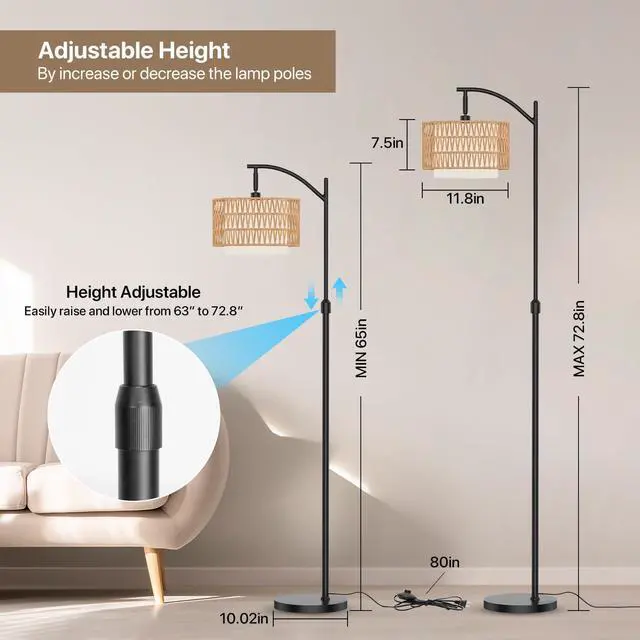 Alt view image 3 of 7 - Boho Floor Lamp - Arched Floor Lamps for Living Room, Farmhouse Floor Lamp with 3 Color Temperature Black Standing Lamp with Rattan & Fabric Double Shade Bohemian Rattan Floor Lamps for Bedroom Office