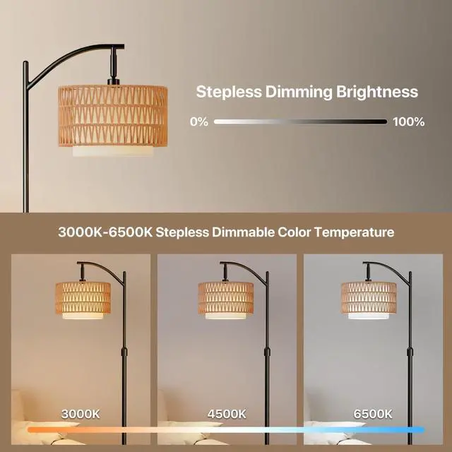 Alt view image 2 of 7 - Boho Floor Lamp - Arched Floor Lamps for Living Room, Farmhouse Floor Lamp with 3 Color Temperature Black Standing Lamp with Rattan & Fabric Double Shade Bohemian Rattan Floor Lamps for Bedroom Office