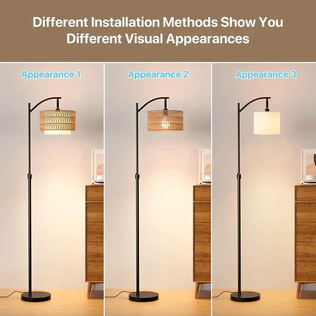 Alt view image 4 of 7 - Boho Floor Lamp - Arched Floor Lamps for Living Room, Farmhouse Floor Lamp with 3 Color Temperature Black Standing Lamp with Rattan & Fabric Double Shade Bohemian Rattan Floor Lamps for Bedroom Office