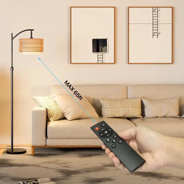 Alt view image 5 of 7 - Boho Floor Lamp - Arched Floor Lamps for Living Room, Farmhouse Floor Lamp with 3 Color Temperature Black Standing Lamp with Rattan & Fabric Double Shade Bohemian Rattan Floor Lamps for Bedroom Office