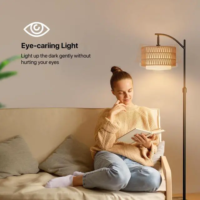 Alt view image 6 of 7 - Boho Floor Lamp - Arched Floor Lamps for Living Room, Farmhouse Floor Lamp with 3 Color Temperature Black Standing Lamp with Rattan & Fabric Double Shade Bohemian Rattan Floor Lamps for Bedroom Office